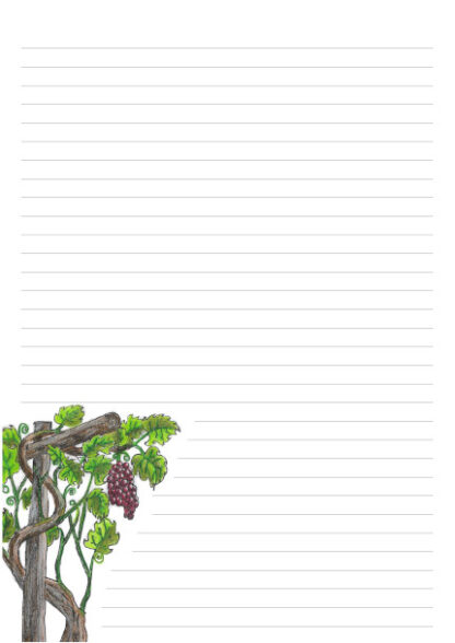 Picture of hand drawn grape vine on a A4 page with 32 lines for writing.