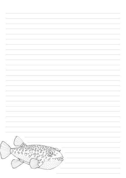 A 32 lined A4 page with a hand drawn Puffer Fish on the bottom left corner as a colouring in picture.