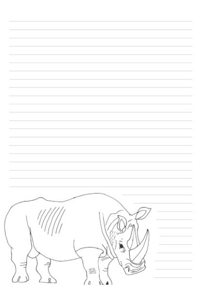 A 32 lined A4 page with a hand drawn White Rhino on the bottom left corner as a colouring in picture.