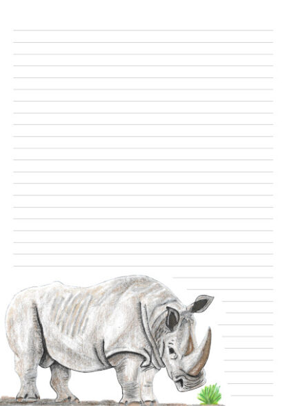 A 32 lined A4 page with a hand drawn White Rhino on the bottom left corner to write letters.